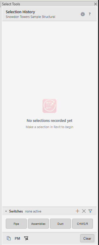 Select Tools panel with Selection History and Switches